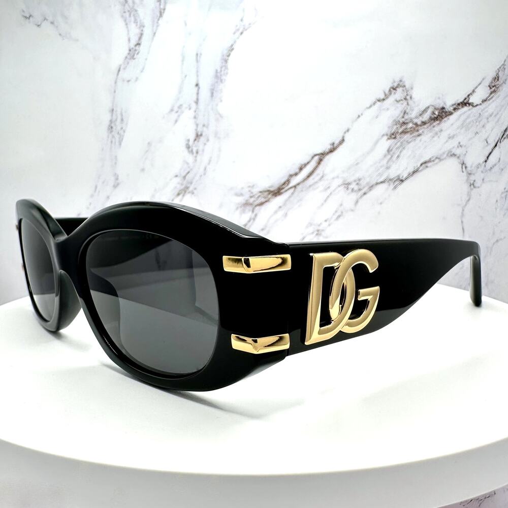 New Dolce & Gabbana Sunglasses Black Oval Acetate Gold Metal DG Gray Lens - Picture 3 of 16